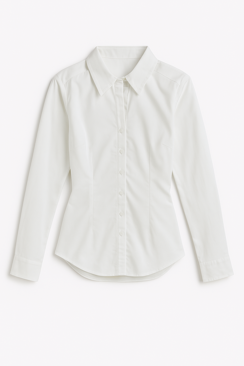 White pleated fitted office siren button down