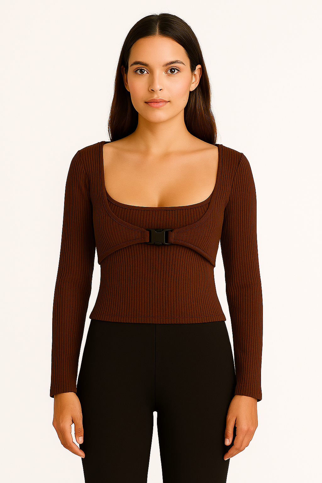 Square neck buckle neck ribbed top