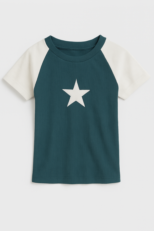 White and teal star baseball top