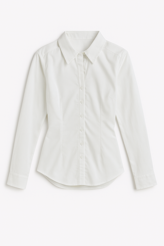 White pleated fitted office siren button down