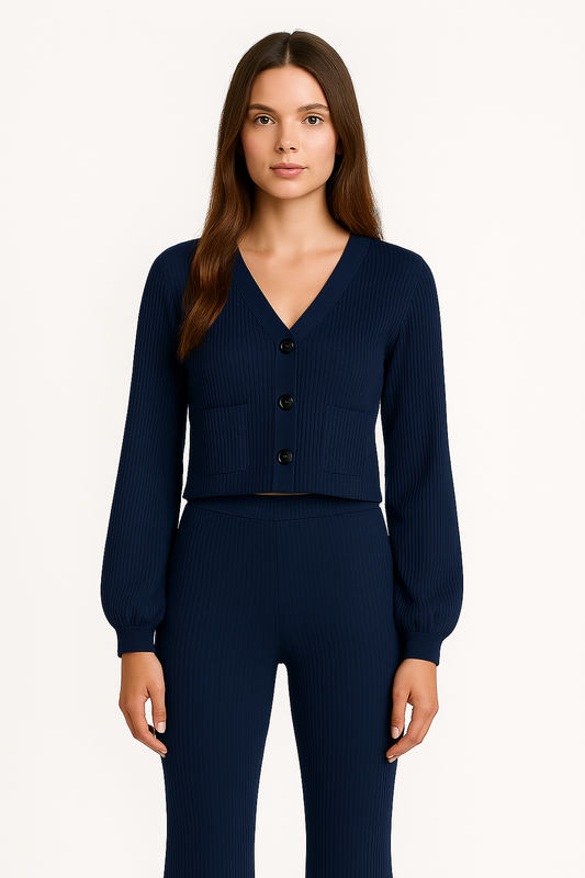 Navy blue v neck button down coord