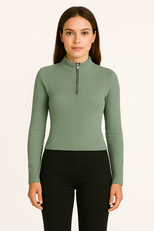 Light Green Quarter zip ribbed top