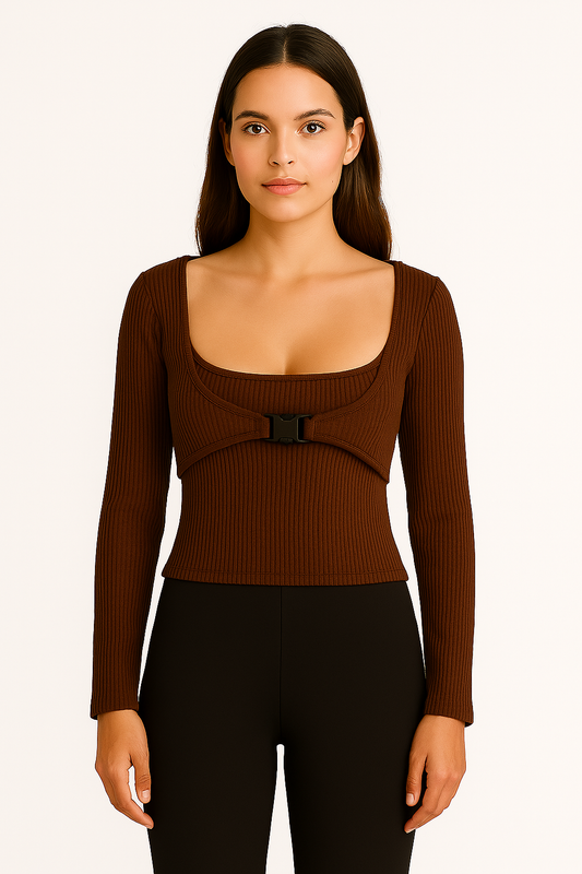 Square neck buckle neck ribbed top